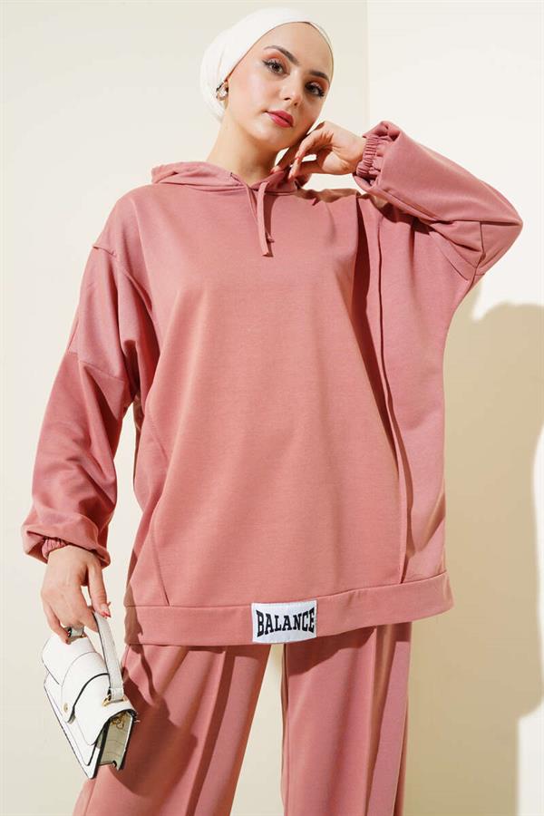 Balance Embroidered Hooded Casual 2 Piece Set Powder