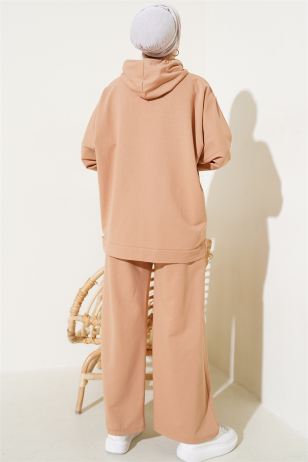 Balance Embroidered Hooded Casual 2 Piece Set Camel