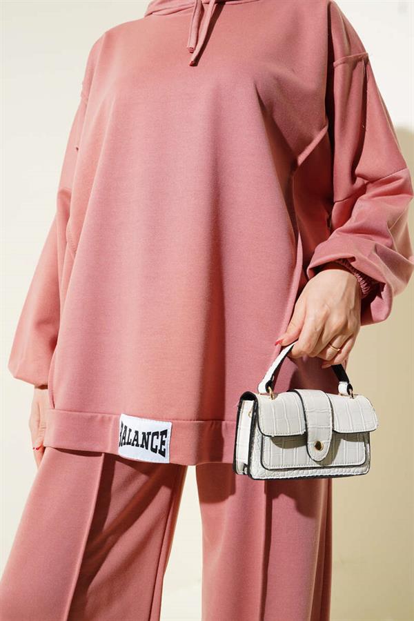 Balance Embroidered Hooded Casual 2 Piece Set Powder