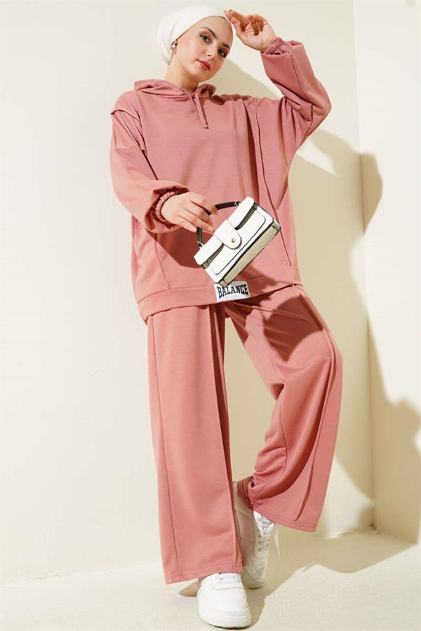 Balance Embroidered Hooded Casual 2 Piece Set Powder
