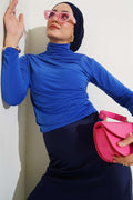 Turtleneck Pleated Blouse in Saxon Blue