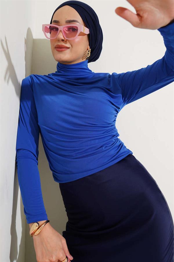 Turtleneck Pleated Blouse in Saxon Blue