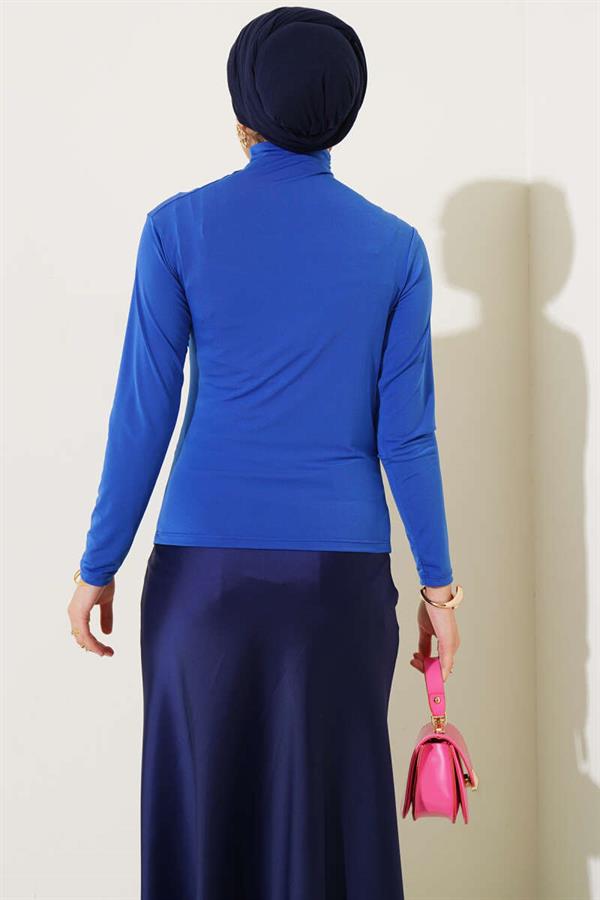 Turtleneck Pleated Blouse in Saxon Blue