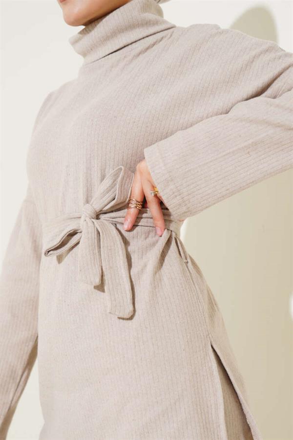 Turtleneck Ribbed Belted 2 Piece Set Beige