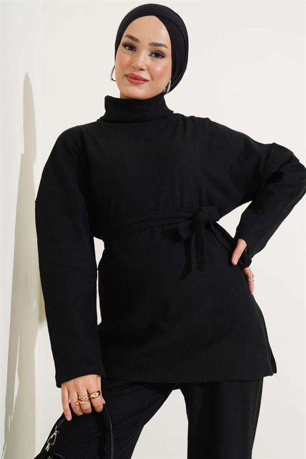 Turtleneck Ribbed Belted 2 Piece Set Black