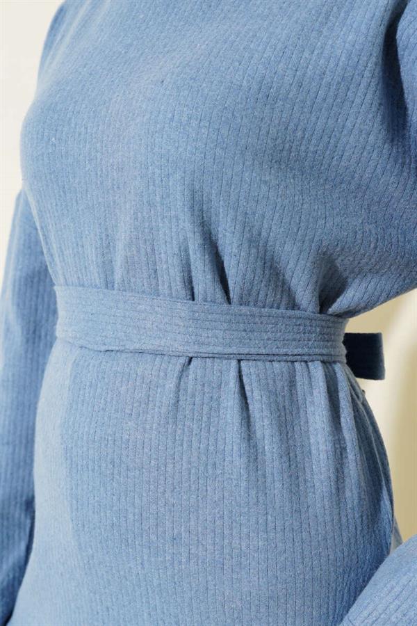 Turtleneck Ribbed Belted 2 Piece Set Blue