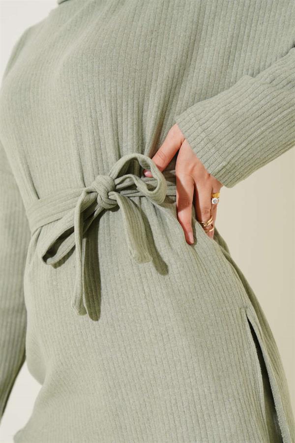 Turtleneck Ribbed Belted 2 Piece Set Almond Green