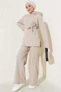 Turtleneck Ribbed Belted 2 Piece Set Beige