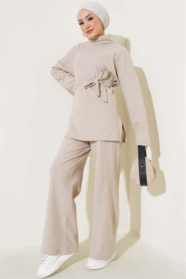 Turtleneck Ribbed Belted 2 Piece Set Beige