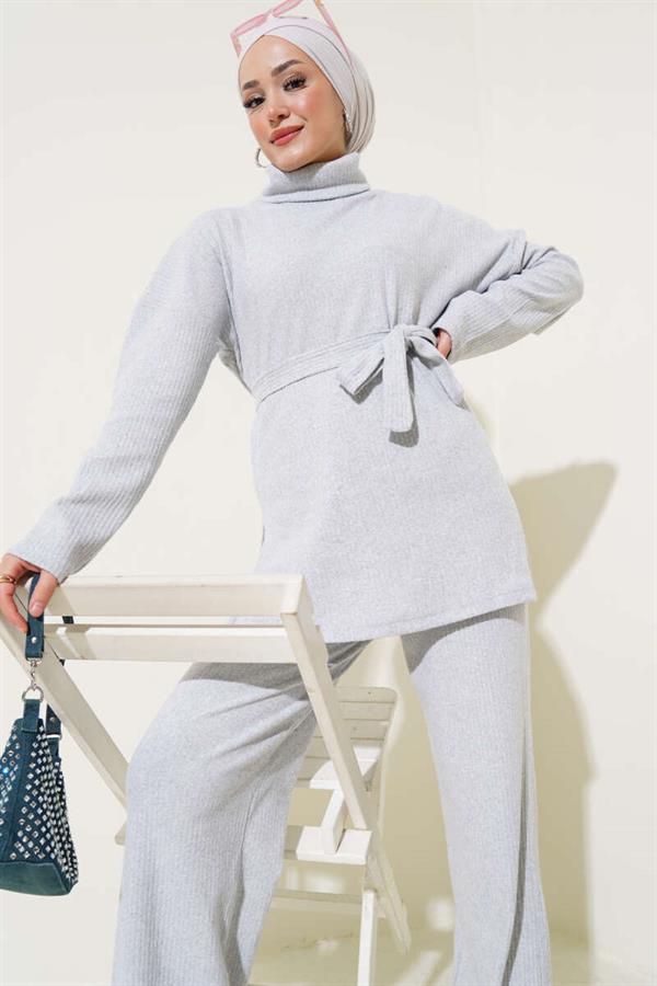Turtleneck Ribbed Belted 2 Piece Set Gray