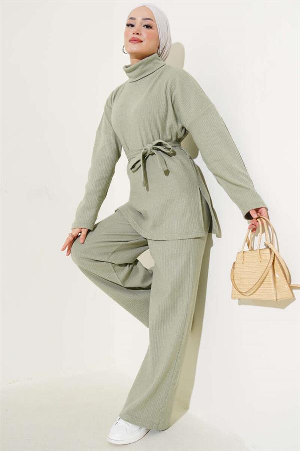 Turtleneck Ribbed Belted 2 Piece Set Almond Green