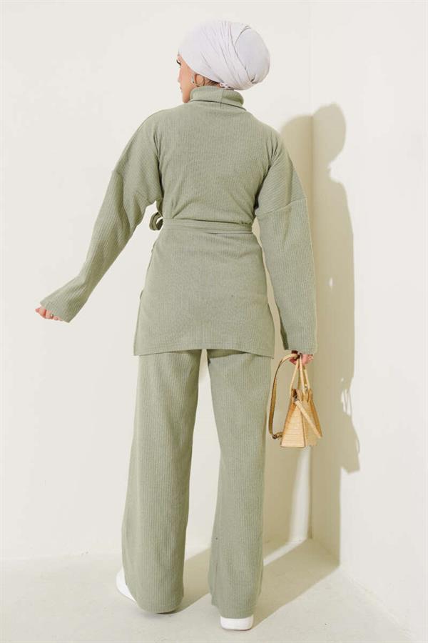 Turtleneck Ribbed Belted 2 Piece Set Almond Green