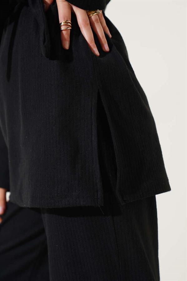 Turtleneck Ribbed Belted 2 Piece Set Black