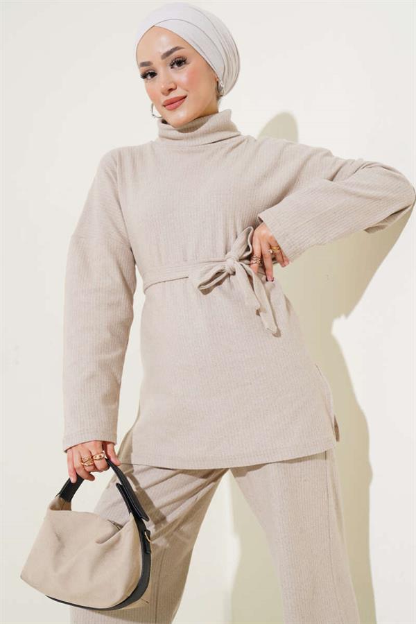 Turtleneck Ribbed Belted 2 Piece Set Beige