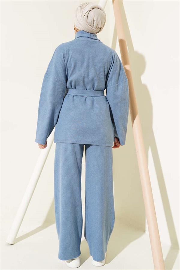 Turtleneck Ribbed Belted 2 Piece Set Blue