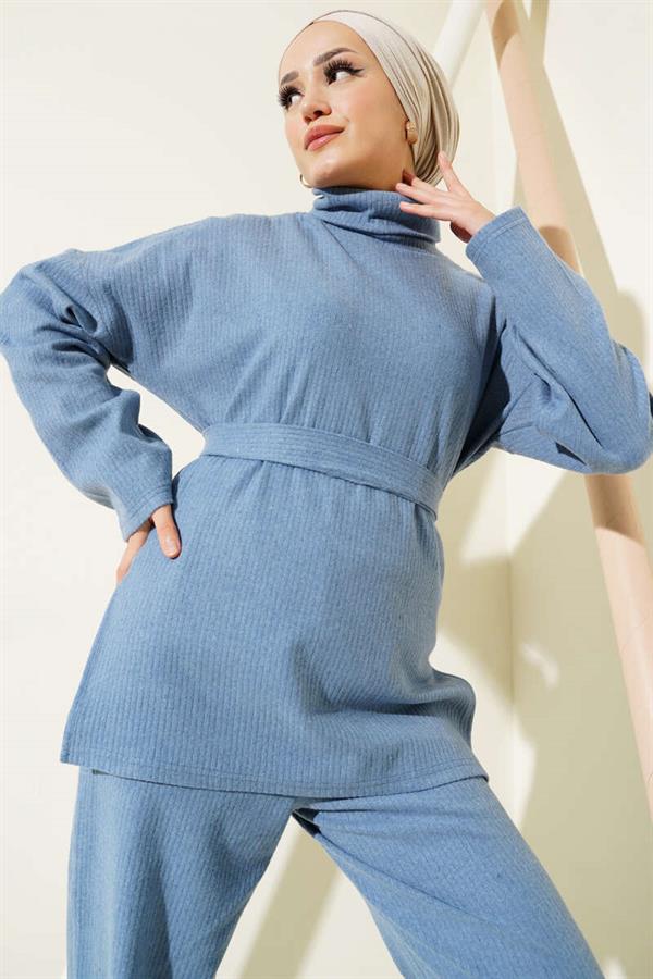Turtleneck Ribbed Belted 2 Piece Set Blue