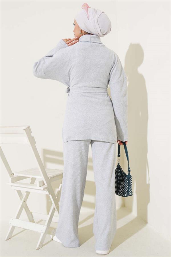 Turtleneck Ribbed Belted 2 Piece Set Gray