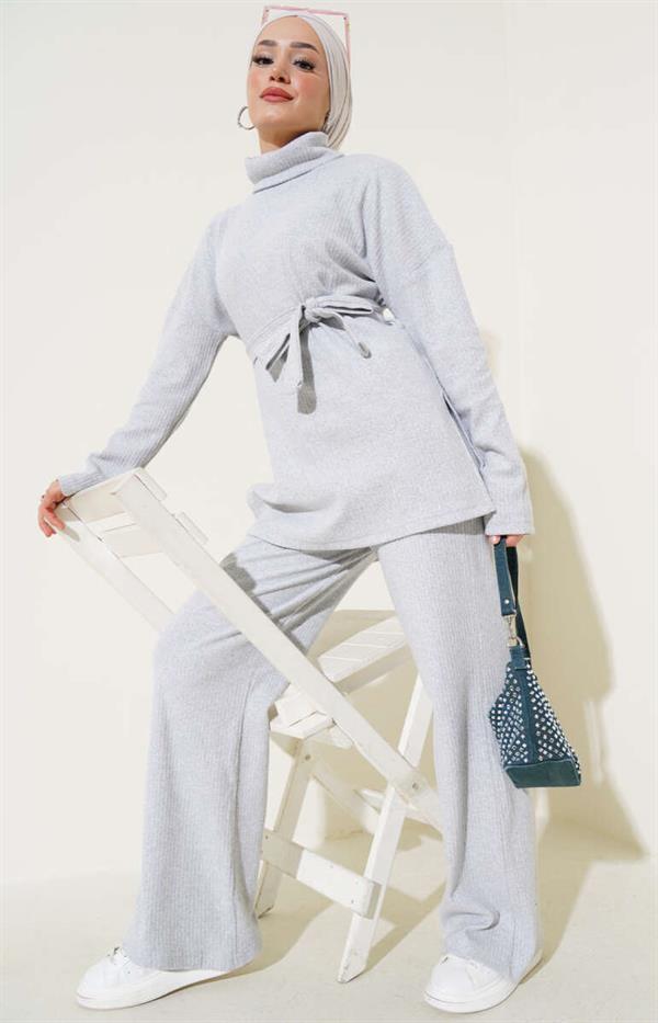 Turtleneck Ribbed Belted 2 Piece Set Gray