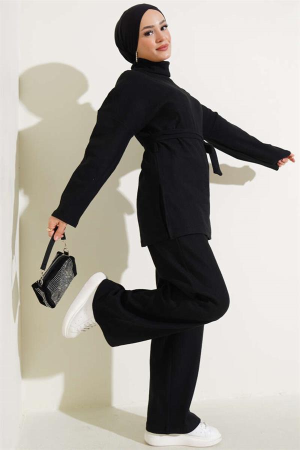 Turtleneck Ribbed Belted 2 Piece Set Black