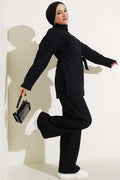 Turtleneck Ribbed Belted 2 Piece Set Black