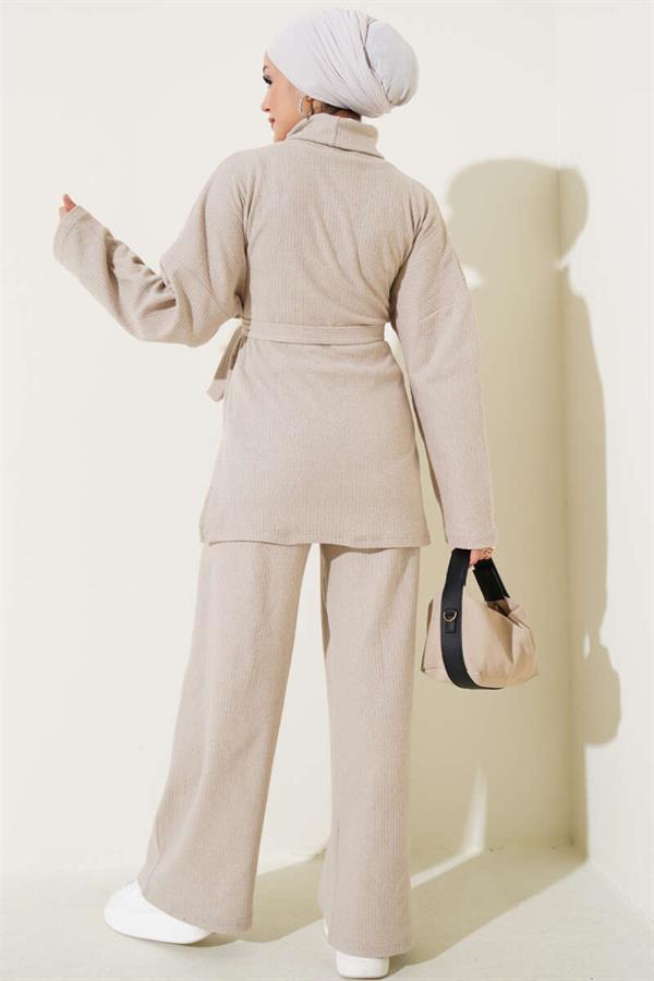 Turtleneck Ribbed Belted 2 Piece Set Blue