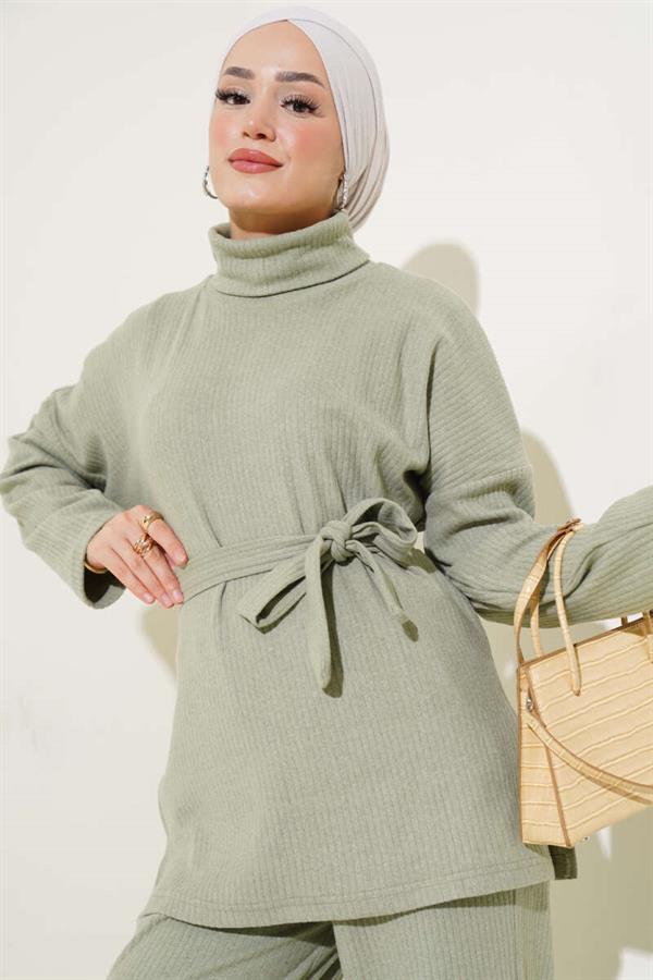 Turtleneck Ribbed Belted 2 Piece Set Almond Green