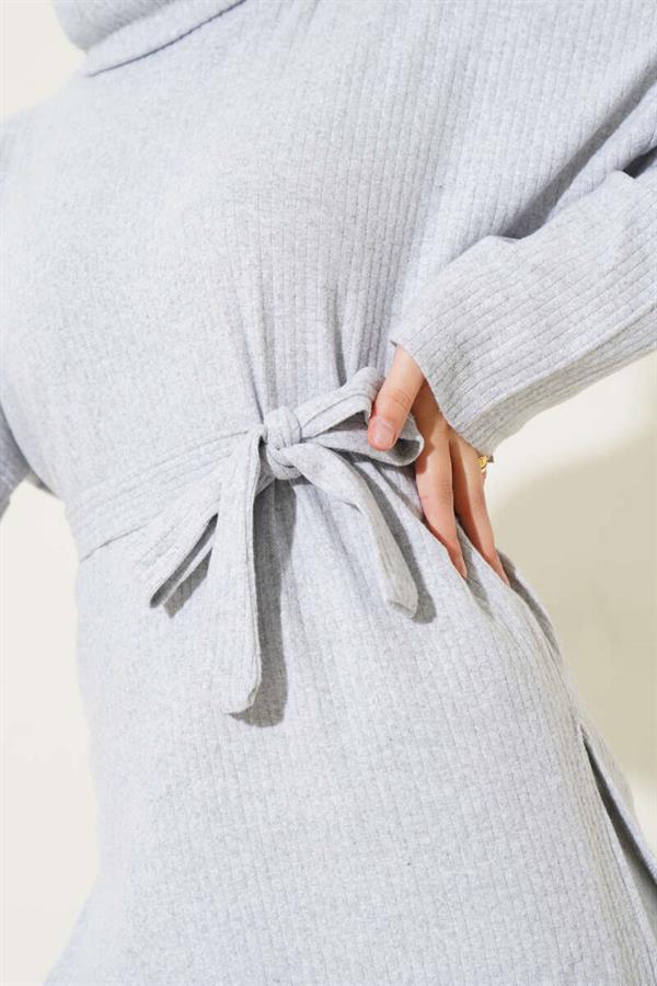 Turtleneck Ribbed Belted 2 Piece Set Gray
