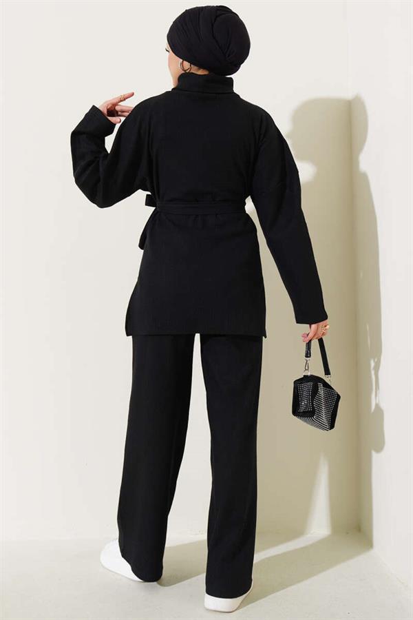 Turtleneck Ribbed Belted 2 Piece Set Black