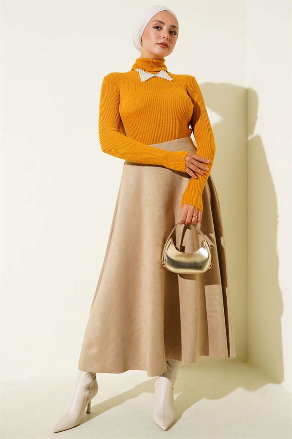 Turtleneck Finger-Tucked Knit Sweater Mustard