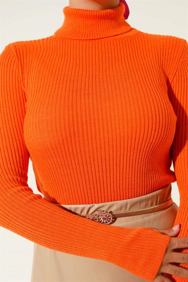Turtleneck Finger-Tucked Knit Sweater Orange
