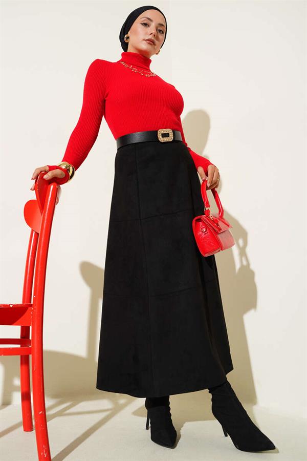 Turtleneck Finger-Tucked Knit Sweater Red
