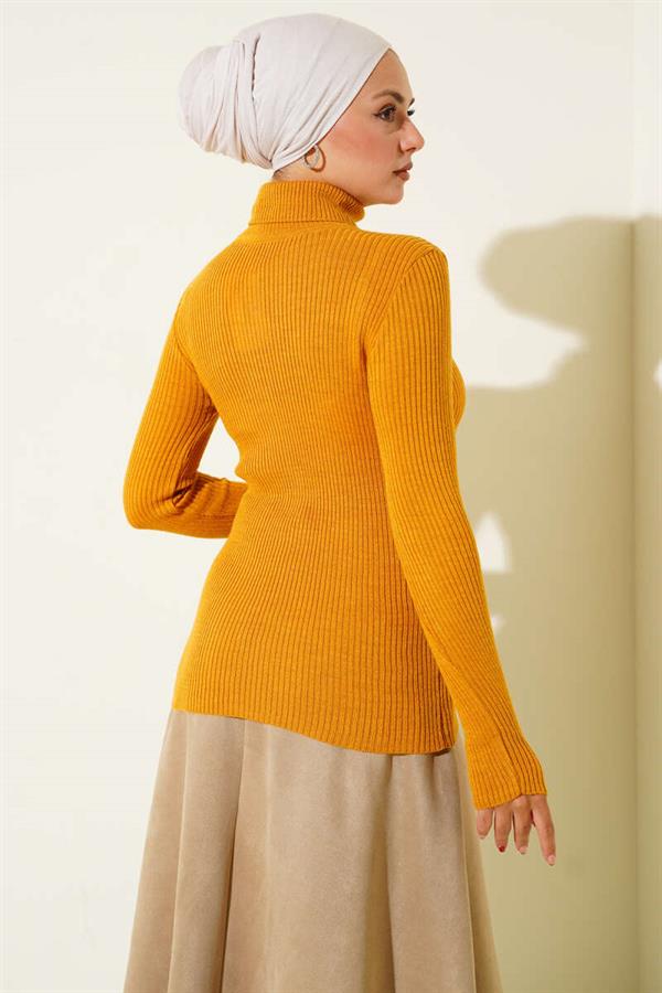 Turtleneck Finger-Tucked Knit Sweater Mustard