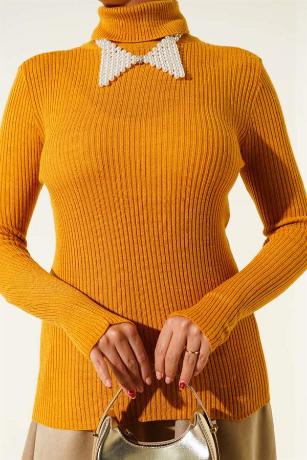 Turtleneck Finger-Tucked Knit Sweater Mustard