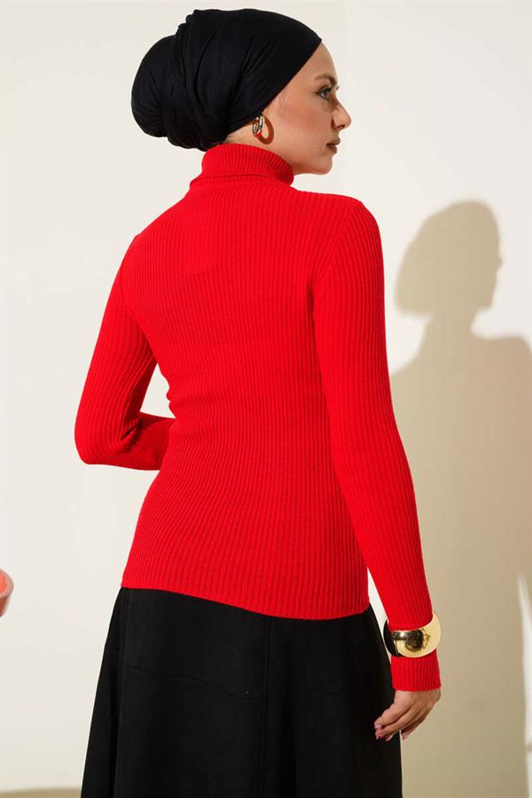 Turtleneck Finger-Tucked Knit Sweater Red