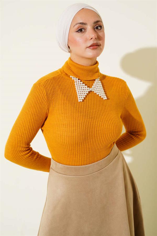 Turtleneck Finger-Tucked Knit Sweater Mustard