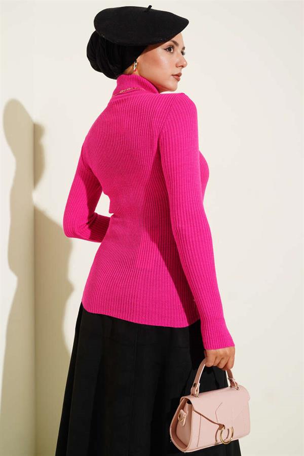 Turtleneck Finger-Tucked Knit Sweater Fuchsia