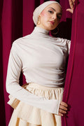 Turtleneck Side Gathered Sandy Blouse Beige
