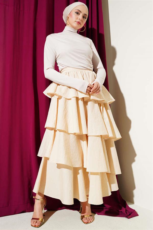 Turtleneck Side Gathered Sandy Blouse Beige