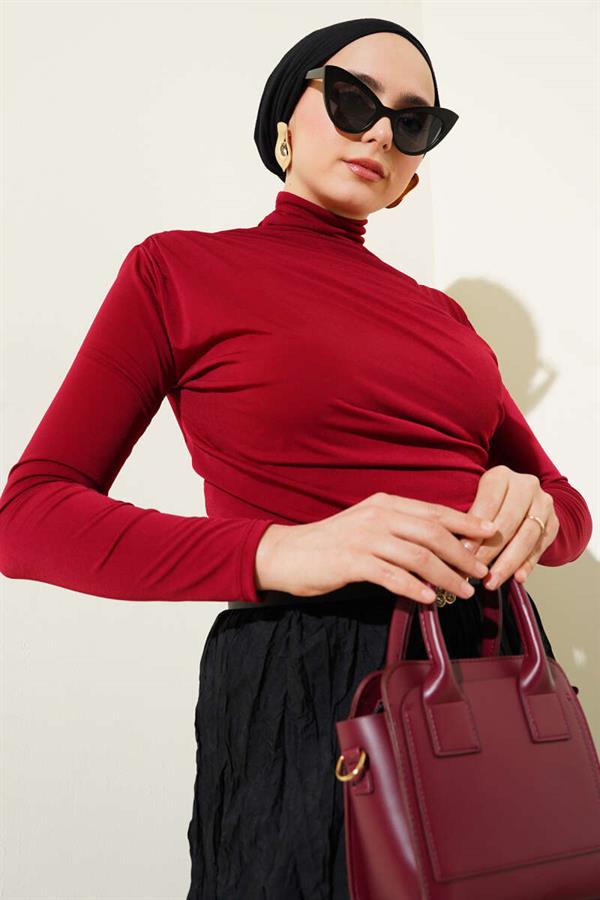 Turtleneck Side Gathered Sandy Blouse Claret Red