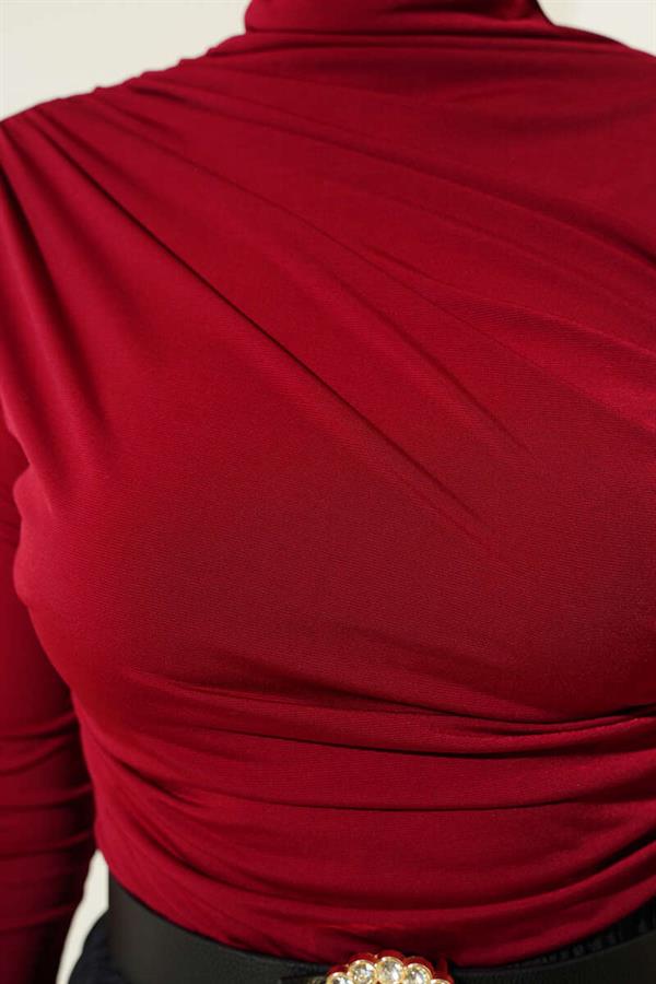 Turtleneck Side Gathered Sandy Blouse Claret Red