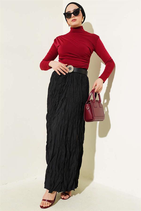 Turtleneck Side Gathered Sandy Blouse Claret Red