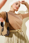 Turtleneck Side Gathered Sandy Blouse Camel
