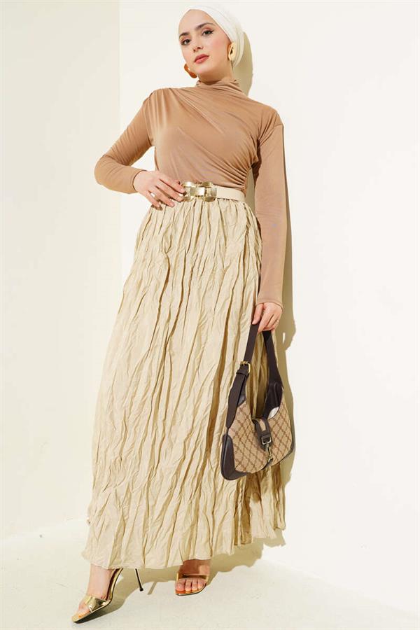 Turtleneck Side Gathered Sandy Blouse Camel