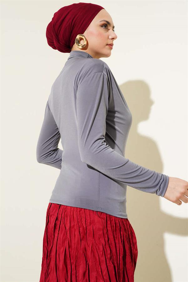 Turtleneck Side Gathered Sandy Blouse Slate Grey