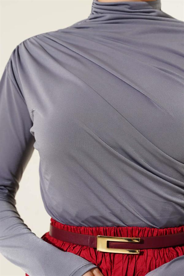 Turtleneck Side Gathered Sandy Blouse Slate Grey