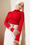 Turtleneck Side Gathered Sandy Blouse Red