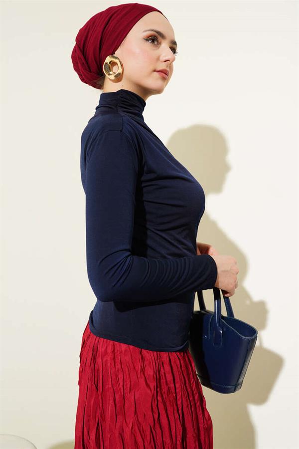 Turtleneck Side Gathered Sandy Blouse Navy Blue