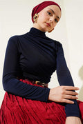 Turtleneck Side Gathered Sandy Blouse Navy Blue
