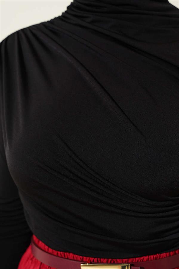 Turtleneck Side Gathered Sandy Blouse Black