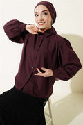 Balloon Sleeve Basic Short Shirt, Plum